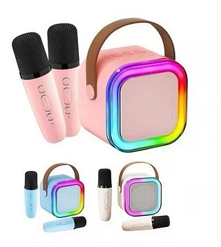 Mini Caixa De Som Com 2Microfone Sem Fio Bluetooth Karaokê com luz