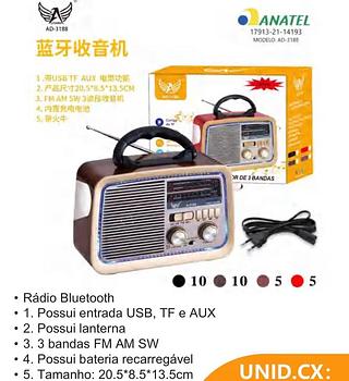 Rádio FM AM com bluetooth cartão memória USB AD3188