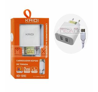 Carregador para TIPO-C Turbo 2.4A 2USB KAIDI KD-109C