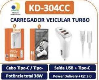CARREGADOR VEICULAR TURBO Cabo Tipo-C / Tipo-C Potência total 38W KD304CC