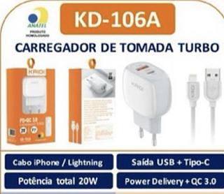 CARREGADOR DE TOMADA TURBO USB + Tipo-C KD-106IPHONE
