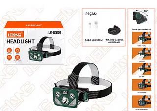 LANTERNA DE CABEÇA • Material e Peso: ABS / 117g • Dimensão: 9,5 x 5 x 4,5cm • Bateria interna: 1600mAh • Brilho com bateria: 300LM • Lâmpadas: LED XPE e 2 LEDS 3030 • Iluminação branca e vermelha LE8359