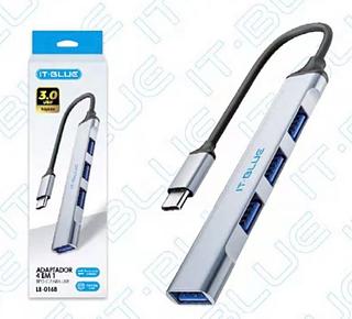 ADAPTADOR 4 EM 1 - Comprimento do cabo: 14cm - Portas: 1 x USB 3.0 / 3 x USB 2.0 - Conectores USB e Type-C - Compatibilidade: Windows, Mac, Android e Linux LE0168
