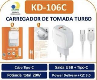 CARREGADOR DE TOMADA TURBO USB + Tipo-C KD106C