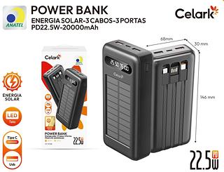 POWER BANK ENERGIA SOLAR-3 CABOS-3 PORTAS PD22.5W-20000mAh Celark 68mm CEE1149