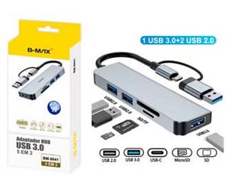 Adaptador HUB 5 em 2 • Interface de saida: 1xUSB 3.0 e 2xUSB 2.0 e MicroSD e SD e USB-C • Dimensões do Hub : 102 X28 X 11mm BM8641