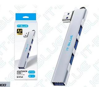ADAPTADOR 4 EM 1 - Peso: 15g - Portas: 4x USB 3.0 - Conectores USB - Compatibilidade: Windows, Mac, Android e Linux LE0163